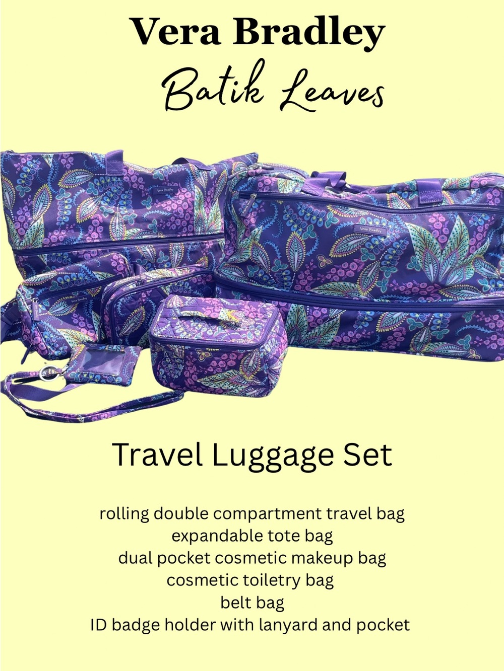 Vera Bradley Batik Leaves Purple Batik Leaves Travel Set NWOT!!